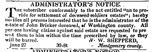 1838 Legal Notice - W. W. Shepperd Administrator of John Bricker Estate